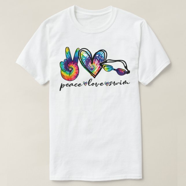 Camiseta Peace Love Natação Tie Dye Swimmer Nadando Sum (Frente do Design)