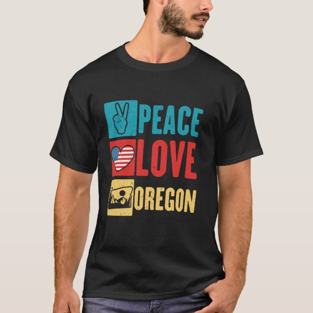 Camiseta Peace Love Oregon EUA State America, Viagem Kégoni (Frente)