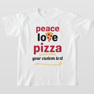 Camiseta Peace Love Pizza italiana Texto vermelho comida