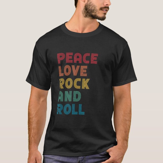 Camiseta Peace Love Rock And Roll Retro Rock Music (Frente)