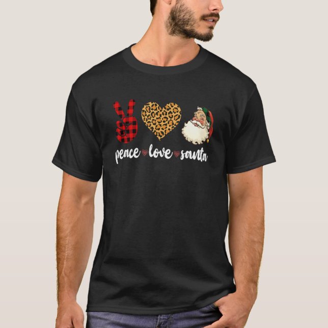 Camiseta Peace Love Santa Leopard Buffalo Plaid Christmas (Frente)