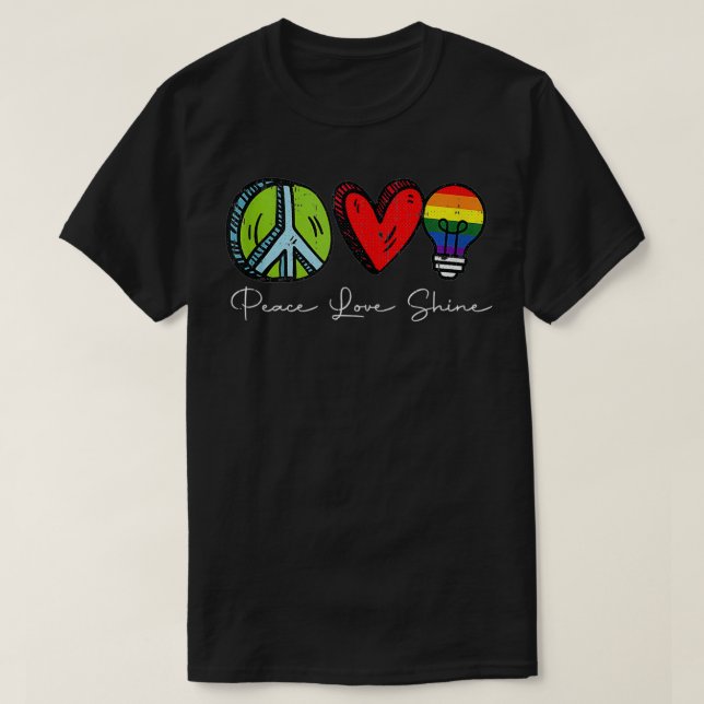 Camiseta Peace Love Shine Orgulho gay Retro Hippie Orud LGB (Frente do Design)