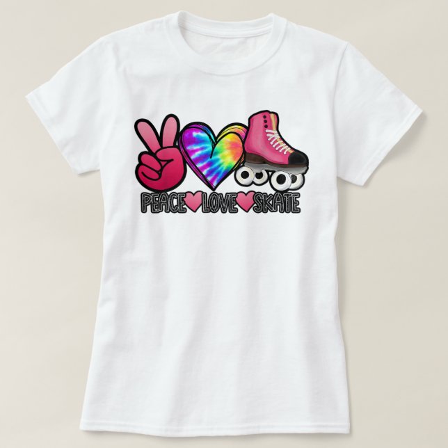 Camiseta Peace Love Skate - Tie Dye Roller Skater Heart Ska (Frente do Design)