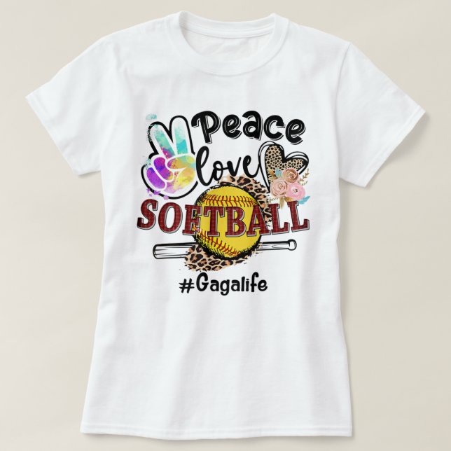 Camiseta Peace Love Sofball Gaga Life Mãe Avó Leopardo (Frente do Design)