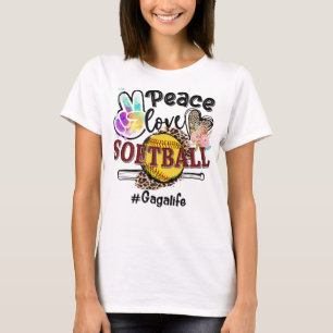Camiseta Peace Love Sofball Gaga Life Mãe Avó Leopardo