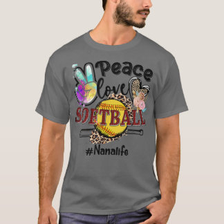 Camiseta Peace Love Softball Nana Life Mãe Avó Leopardo