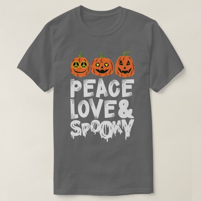 Camiseta Peace Love & Spooky Halloween Pumpkins Jack O Lant (Frente do Design)