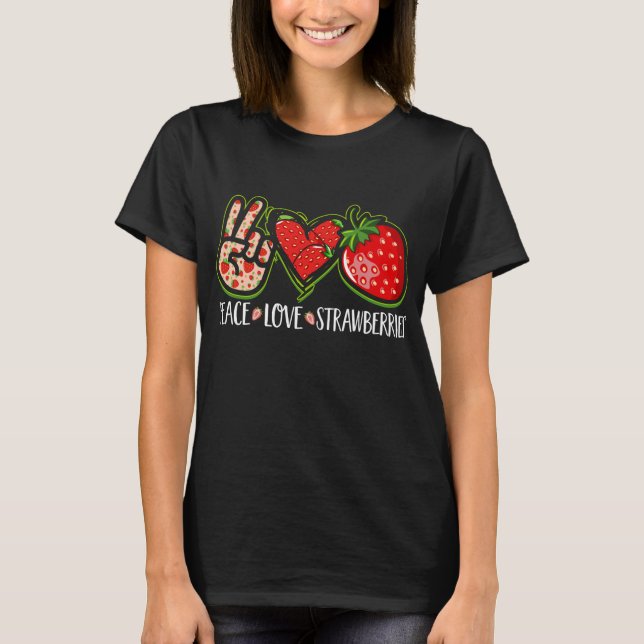 Camiseta Peace Love Strawberry Fruta Berries Cubo Strawbe (Frente)