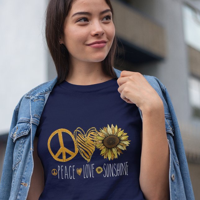 Camiseta Peace Love Sunshine Dourada Gliter Flower (Criador carregado)
