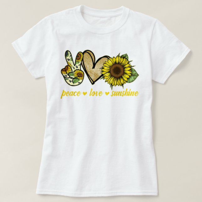 Camiseta Peace Love Sunshine Dourado Heart Sunflower (Frente do Design)