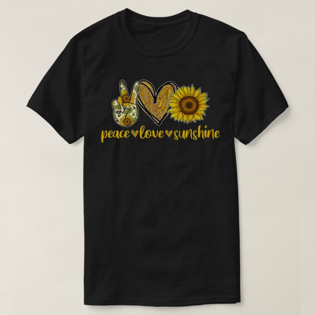 Camiseta Peace Love Sunshine  Gold Heart Sunflower Hippie  (Frente do Design)