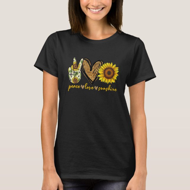 Camiseta Peace Love Sunshine Heart Sunflower Dourado Glitte (Frente)