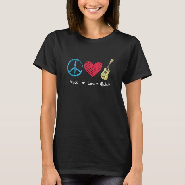 Camiseta Peace Love Ukulele Hawaiian Music Ukelele Uke Play (Frente)