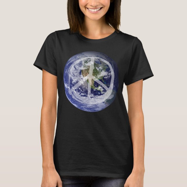 Camiseta PEACE no Planeta da Terra no Símbolo de Paz no Esp (Frente)