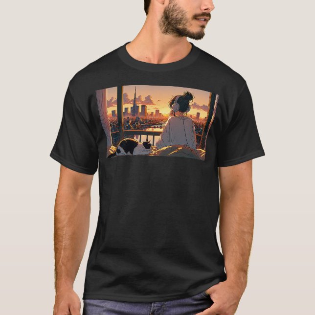 Camiseta Peaceful Anime Girl and a Cat Looking Out at Orang (Frente)