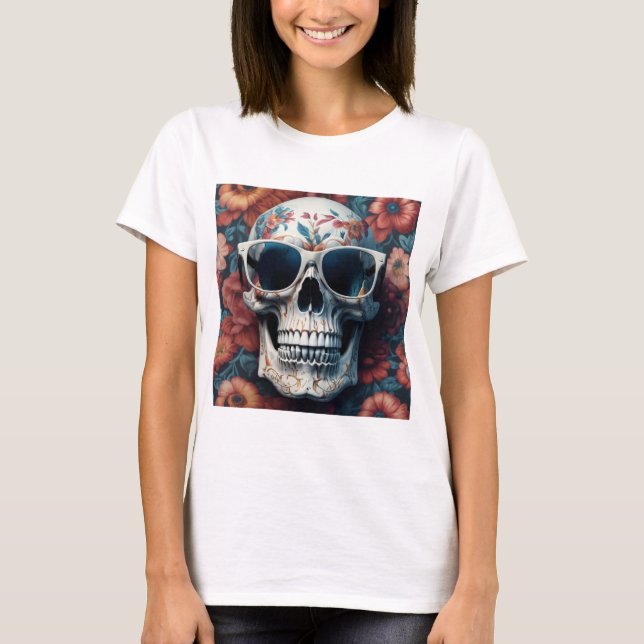 Camiseta Peach Floral 3D Morto Caveira vestindo óculos escu (Frente)