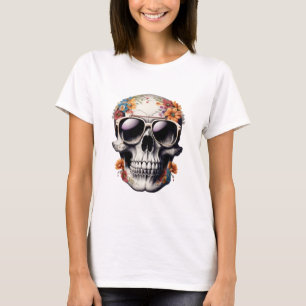 Camiseta Peach Floral 3D Morto Caveira vestindo óculos escu