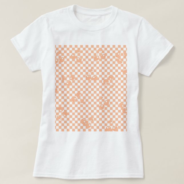 Camiseta Peach Fuzz Cherry Gingham Patterno (Frente do Design)