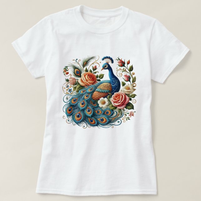 Camiseta Peacock Bird Floral Art (Frente do Design)