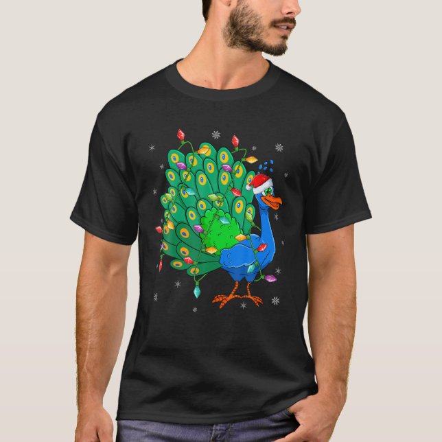 Camiseta Peacock Bird Xmas Lighting Santa Hat Peacock Chris (Frente)
