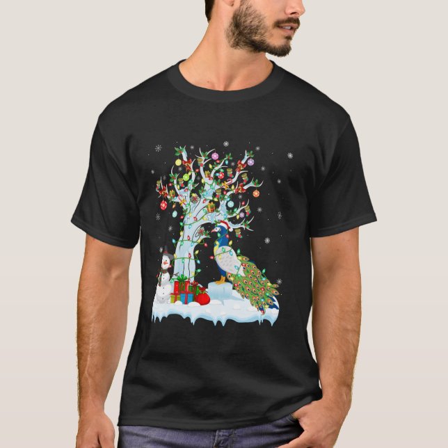 Camiseta Peacock Bird Xmas Lighting Tree Santa Hat Peacock (Frente)