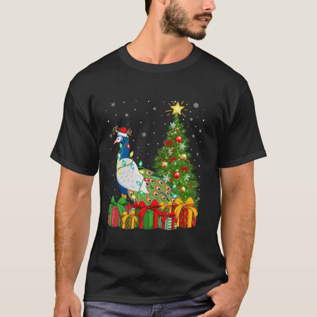 Camiseta Peacock Bird Xmas Tree Lighting Santa Hat Peacock (Frente)
