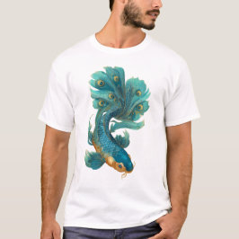 Camiseta Peacock fin koi em turquesa e ouro