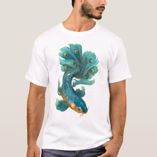 Camiseta Peacock fin koi em turquesa e ouro