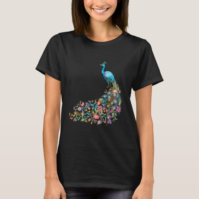 Camiseta Peacock Graphic Blue Teal Floral Tail Feathers Bir (Frente)