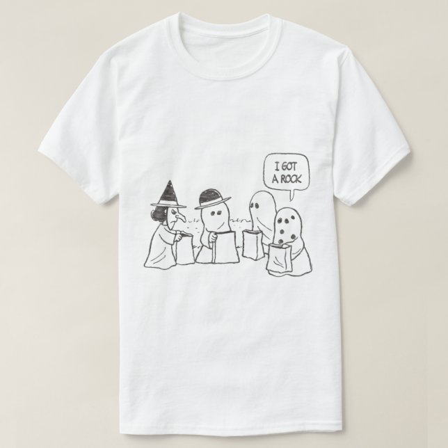 Camiseta Peanuts Halloween Charlie Brown I got a Rock  (Frente do Design)