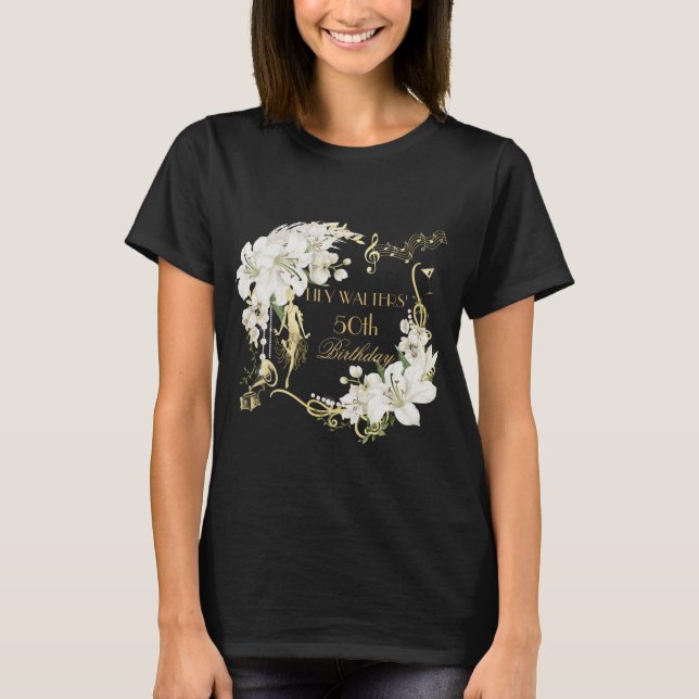 Camiseta Pearls White Floral Art Deco Gatsby 20s Aniversári (Frente)