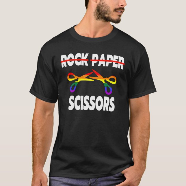 Camiseta Pedra em Papel Tesoura Orgulho Lésbico Arco-Íris L (Frente)