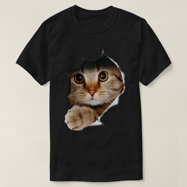 Camiseta Peekaboo Cat Torn Fabric 3D Realistic Art (Frente do Design)