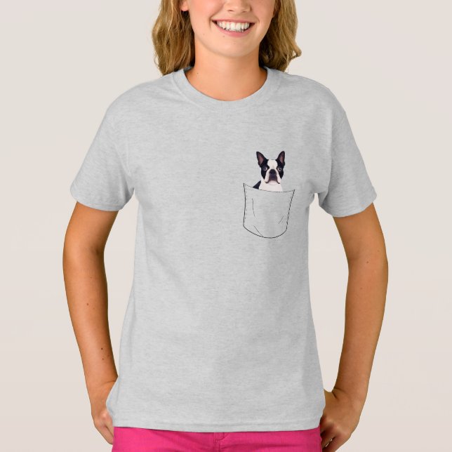 Camiseta Peeking Pocket Pet - Boston Terrier Dog (Frente)