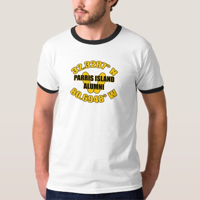 Camiseta Pegadas Amarelas da Ilha de Parris/ Longitude e La (Frente)