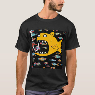 Camiseta peixe amarelo louco no oceano preto com peixinhos