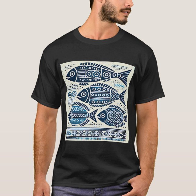 Camiseta Peixe azul tribal geométrico (Frente)
