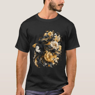 Camiseta Peixe Betta Dourado Preto Aquarela, Floral de Luxo