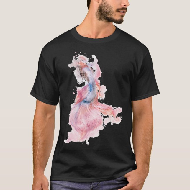 Camiseta Peixe Betta Rosa Azul Efeito Aquarela (Frente)