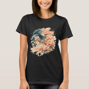 Camiseta Peixe Betta Teal Peach Aquarela, Floral Suave Sião