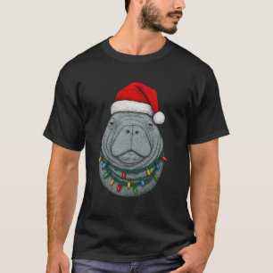 Camiseta Peixe-boi de Natal Fofo Usando Chapéu de Papai Noe