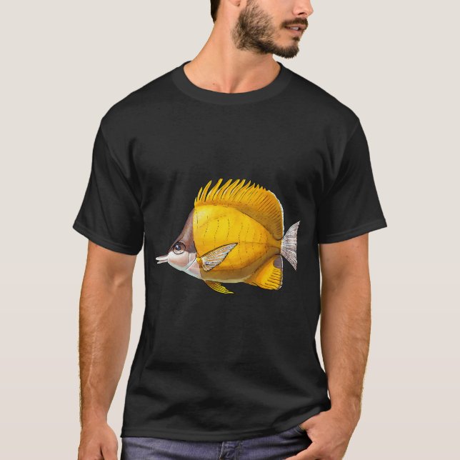 Camiseta Peixe-Butterfly de Nariz Longo Amarelo - Ilustraçã (Frente)