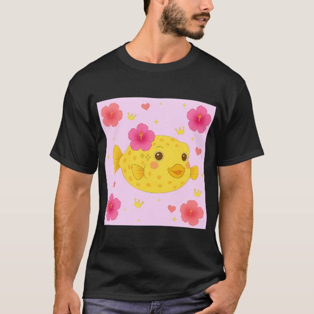 Camiseta Peixe-Caixa Amarelo e Hibisco - Rosa (Frente)