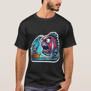 Camiseta Peixe de Desenho Animado Bravo Gritando com o Pesc