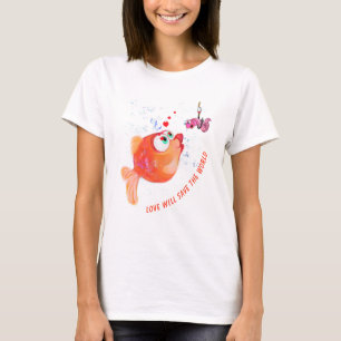 Camiseta Peixe e Verme Engraçados - O Amor Salvará O Mund