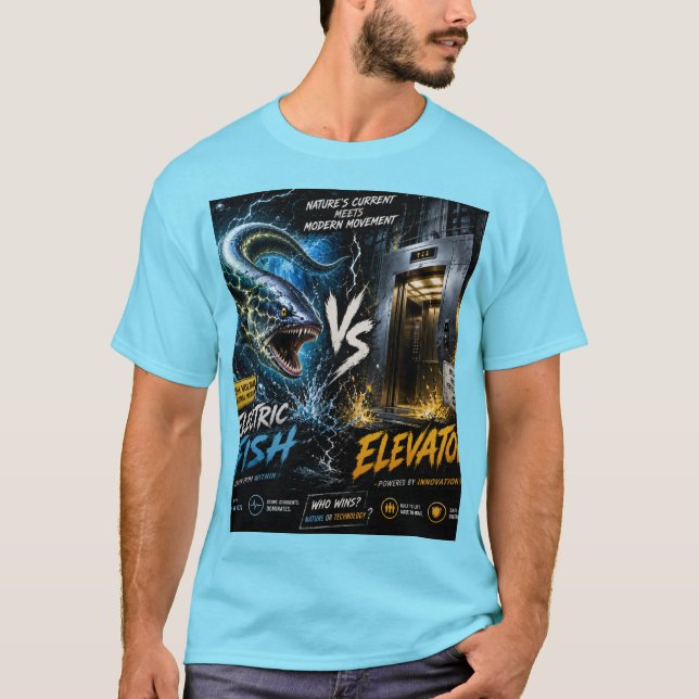 Camiseta Peixe Elétrico vs Elevador Confronto Engraçado de  (Frente)