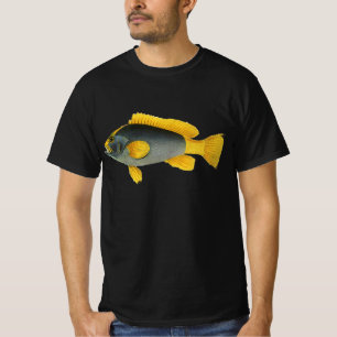 Camiseta Peixe Garoupa Azul e Amarelo, Vida Marinha Vintage