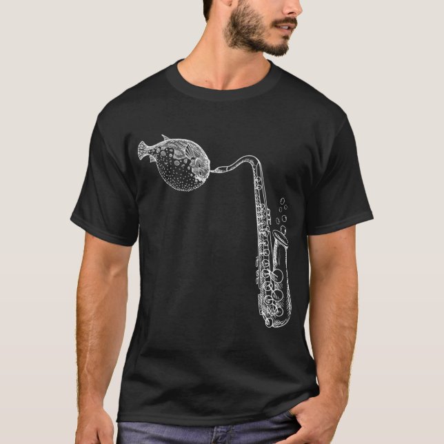 Camiseta Peixe Globo Branco Inchado Tocando Sax (Frente)