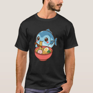 Camiseta Peixe Katsuo Comendo Macarrão Ramen Kawaii Fofo En