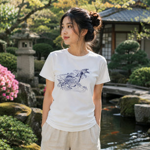 Camiseta Peixe Koi Azul e Branco Japonês Vintage
